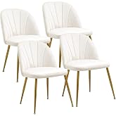 Newnno Velvet Dining Chairs Set of 4, Mid-Century Modern Upholstered Kitchen Chair with Metal Gold Legs for Living Room, Dining Room, White