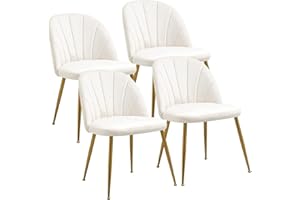Newnno Velvet Dining Chairs Set of 4, Mid-Century Modern Upholstered Kitchen Chair with Metal Gold Legs for Living Room, Dining Room, White