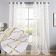 Kotile Gold and White Sheer Curtains 63 Inch Length 2 Panels Metallic Gold Ogee Patterned Sheer Curtains for Bedroom, Grommet Privacy Light Filtering Shimmer Sheer Window Curtains, W52 x L63 Inch
