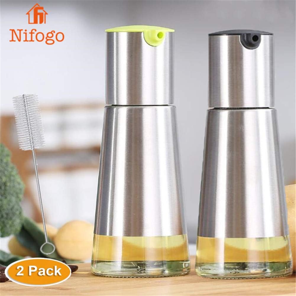 Nifogo 320ml Oil and Vinegar Dispenser Olive Oil Bottles Set, 304 Stainless Steel Oil Glass Pot for Cooking Salad Bread Baking Kitchen (2 PCS)