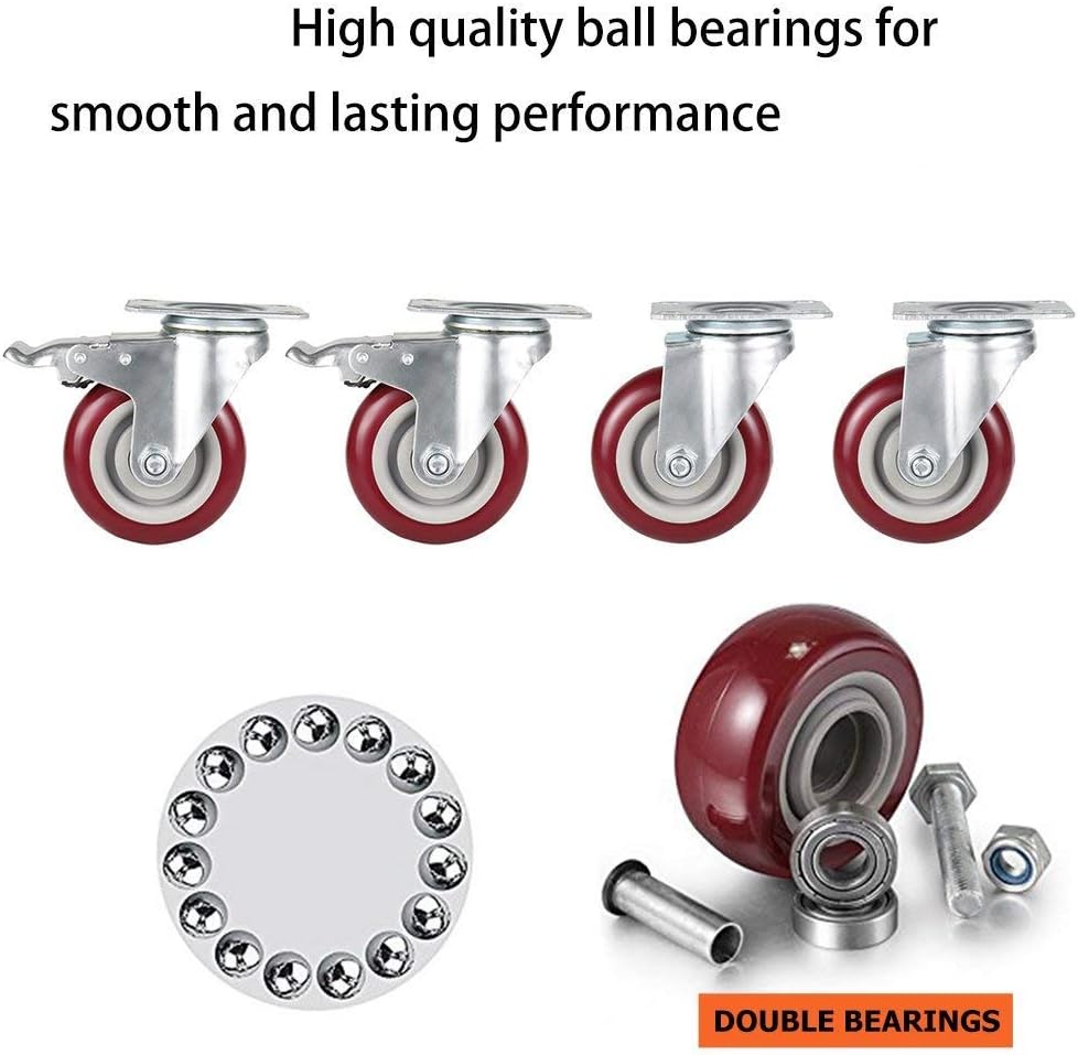 Coocheer 4’’ Swivel Caster Wheels 1200lbs With Top Plate & Bearing Heavy Duty On Red Polyurethane Wheels Set of 4 (2 Swivel Without Brake, 2 Swivel with Brakes): Industrial & Scientific