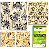 (4 Pack) Beeswax Reusable Food Wrap - Plastic Free Food Storage, Organic Cotton & Eco-Friendly, (1 Large, 1 Medium, 2 Small)