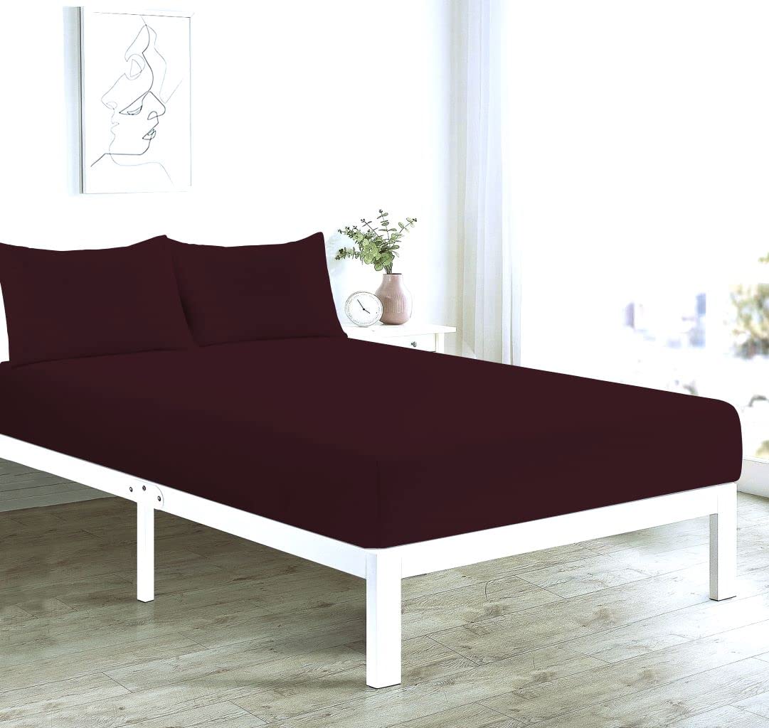 Comfort Collections Fitted Bed Sheet With FREE MATCHING 2 X PILLOW CASES Poly Cotton Percale Easy Care Plain Dyed Bed Sheet Wine Superking