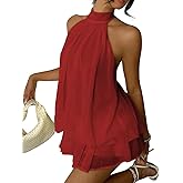 Narecte Womens Summer Dresses Halter Tie Mini Dress with Built-in Shorts, Chiffon Elegant Backless A-Line Sundress
