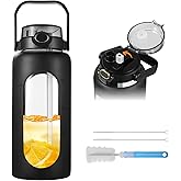 Homaisson 64 Oz Glass Water Jug, Water Jug with Straw & Handle, Wide Mouth Glass Tumbler with Silicone Sleeve, Water Drinking Bottle with Capacity Markers, Includes Cleaning Brushes