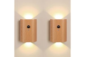 LANDGOO Wooden LED Step Lights Wall Lamp, 2700-3000K Motion Sensor Night Lights, Rechargeable Stair Lights for Hallway Indoor Lighting(White Ash Wood 2PCS)