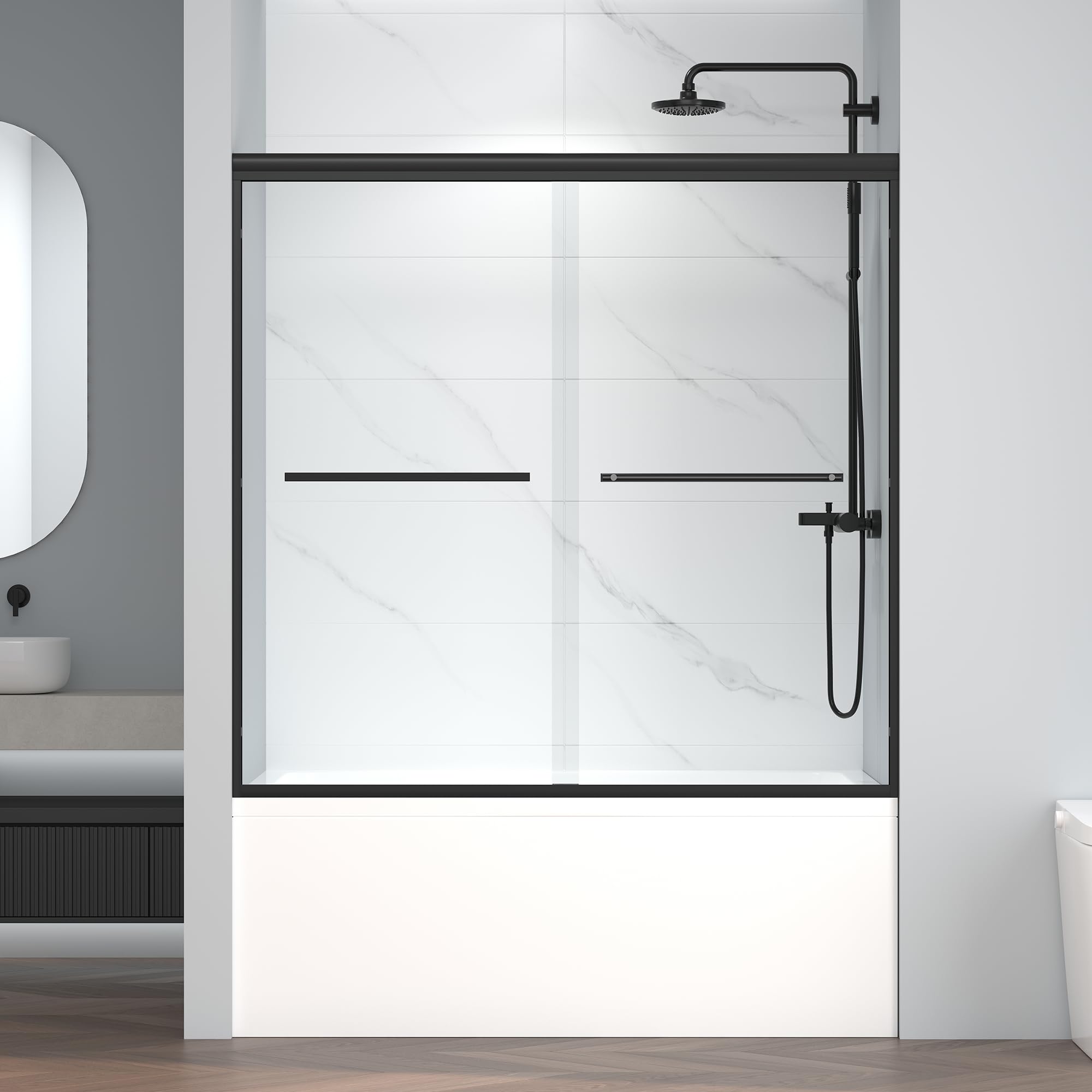 Photo 1 of ENSO SENKA 60" W x 58" H Semi-Frameless Bypass Sliding Bathtub Shower Door, Easy-to-Clean Treated Clear Tempered Glass, Matte Black