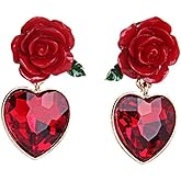 Gilieyer Red Rose Earrings, Gold Plated Vintage Simulated Ruby Heart&Red Rose Flower Women Stud Earrings Gothic Red Rose Dangle Drop Earrings Cute Earrings for Women