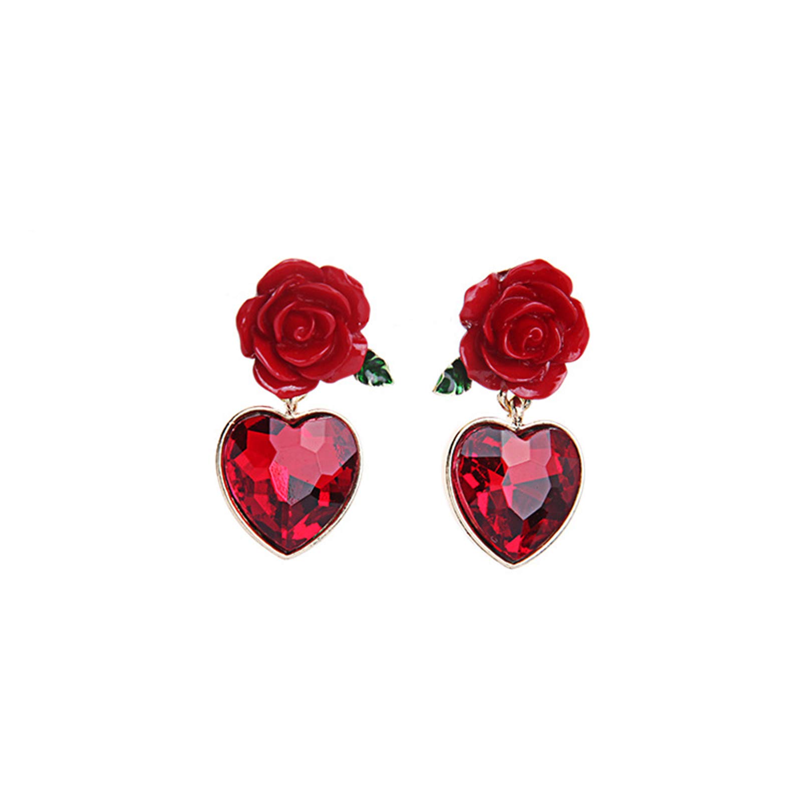 HMOOY Red Rose Flower Earrings, Vintage Ruby Heart Earrings Simulated Gothic Rose Red Drop Earrings Cute Earrings For Women Girls, Resin, Created Ruby, Resin, Created Ruby