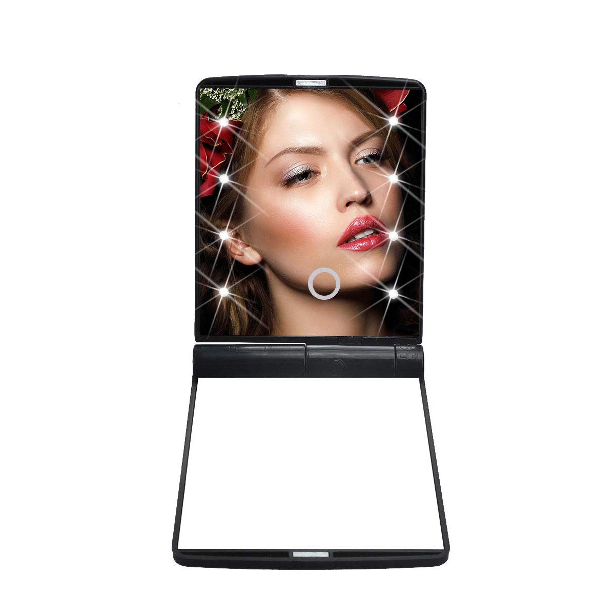Mirror with Lights Makeup Mirror with 8 LED Adjustable Makeup Mirrors with Lights, Including Button Battery, Touch Screen Switch, Portable, Folding,Magnification Compact Mirror, Traveling(Black): Kitchen & Dining