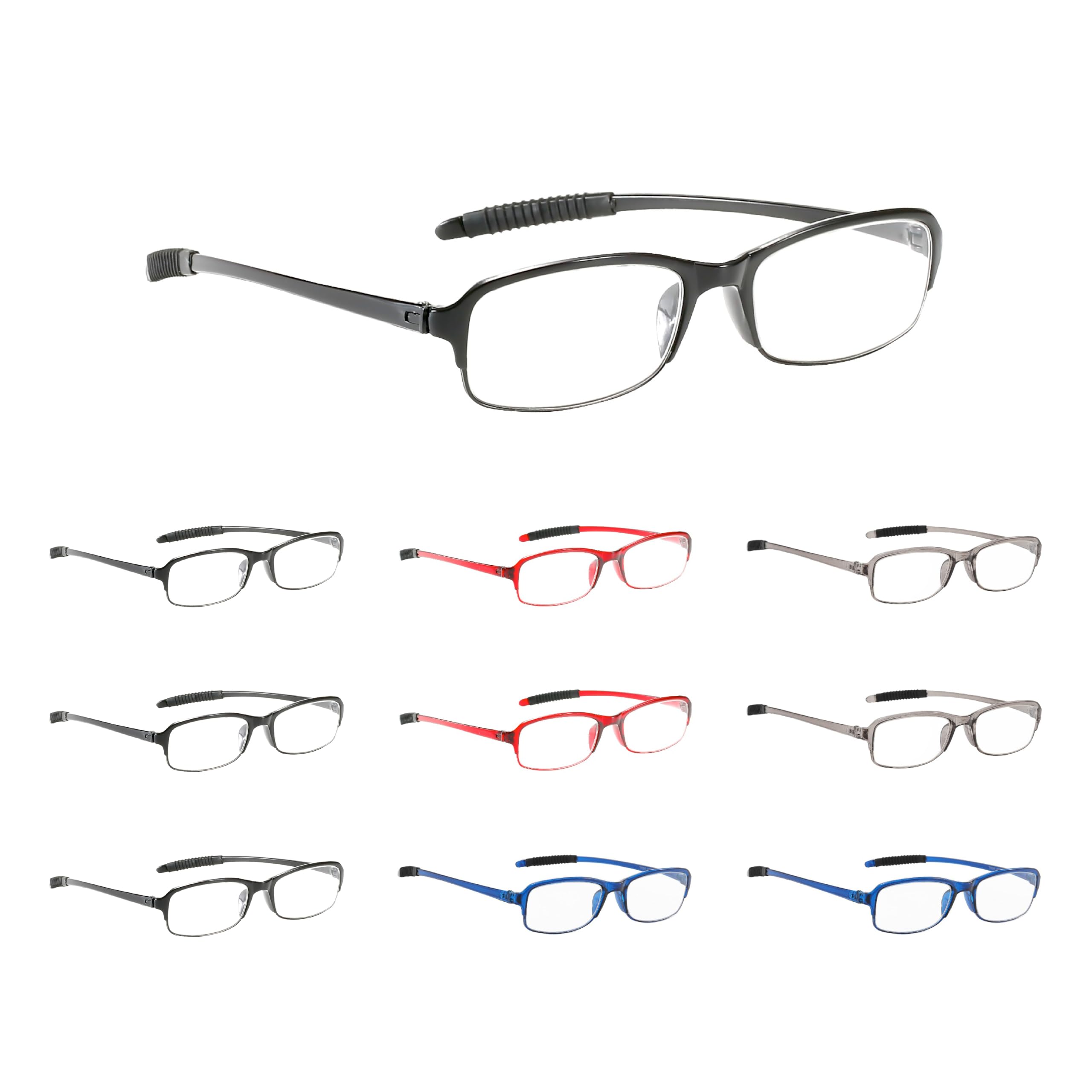 NRDIK PROFLEX SpareSpecs Reading Glasses (value 10 pack) - lightweight impact resistant, scratch resistant, bendy, flexible, anti-slip, unisex (mens + womens) (Black, Blue, Grey and Red; oval; +1.5) — image 1