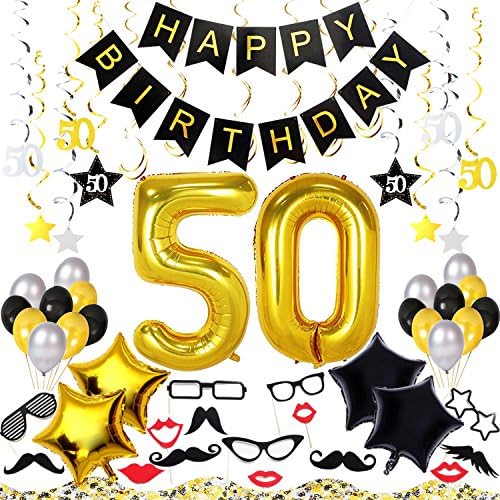 50th Birthday Decorations Kit 70 Pieces – Happy Birthday Banner, 40-Inch 50 Gold balloons, Sparkling Hanging Swirls, Photo Booth Props, Confetti for Table Decorations, Birthday Plan Checklist