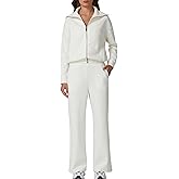 QINSEN Women's Cotton 2 Piece Outfits Lapel Long Sleeve Zip Up Sweatshirt Wide Leg Pants Matching Tracksuit Sets