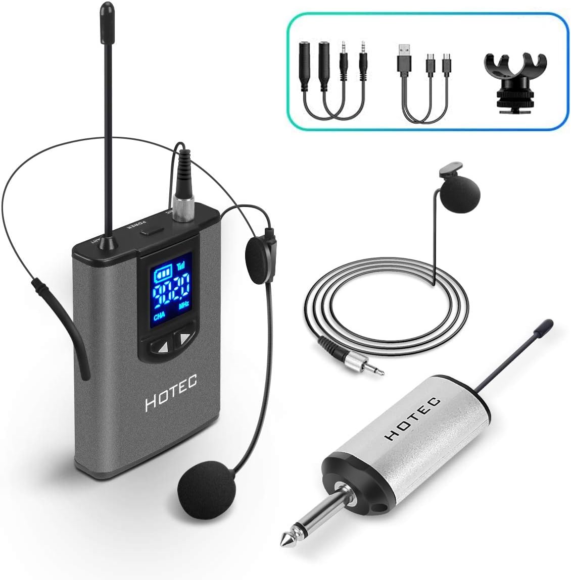 Hotec UHF Wireless Headset Microphone/Lavalier Lapel Mic with Bodypack Transmitter and Mini Rechargeable Receiver 1/4" Output, for Live Performances, Support Phone: Musical Instruments