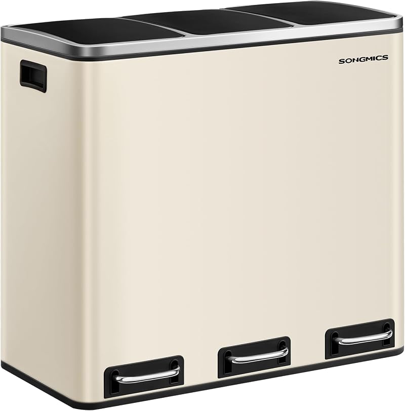 SONGMICS 3 x 18 L Kitchen Bin 3 Compartment Steel Sand Beige LTB054A02