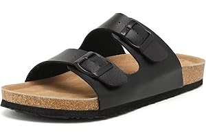 SCECOCRS Genuine Leather Unisex Cork Footed Flat Slide Sandals with Arch Support, Men and Women’s Double Buckle Memory Foam Slide for Beach Summer Vacation