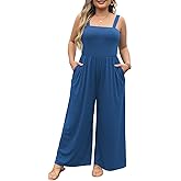 Eytino Plus Size Jumpsuit for Women Spaghetti Strap Sleeveless Overalls Stretchy Wide Leg Pants Long Rompers with Pockets