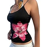 Women Y2k Floral Tank Top Scoop Neck Sleeveless Slim Fit Going Out Basic Tees Vintage Spaghetti Strap Camisole