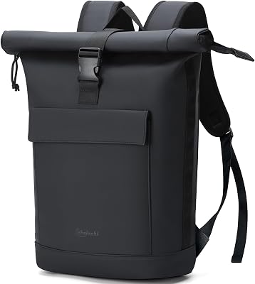 Rolltop Rucksack Damen & Herren, Elegant Laptop Rucksack Wasserdicht mit 17 Zoll Laptopfach, Großer Reiserucksack Tagesrucksack Schulrucksack für Reisen, Uni Schule, Arbeit - Schwarz