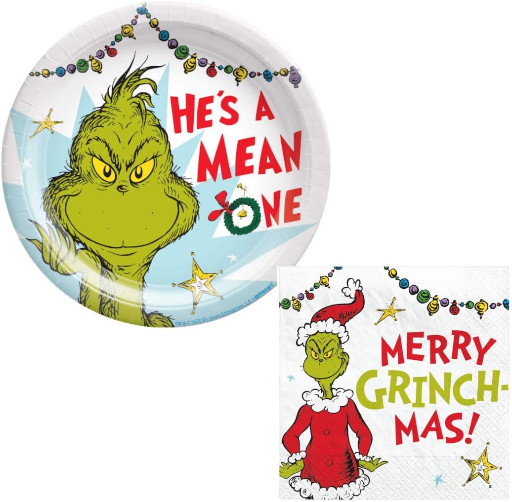 Grinch Christmas Party Supplies Bundle Includes Paper Dessert Plates
