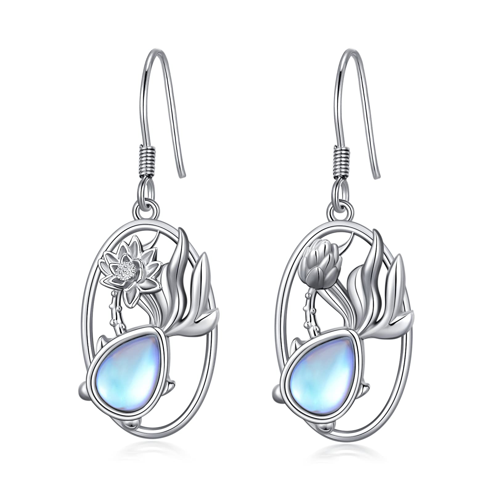 Moonstone Dangle Earrings 925 Sterling Silver Flower Drop Earrings for Women Lotus Hypoallergenic Flower Earrings Jewellery Gifts for Teens Girls Best Friend