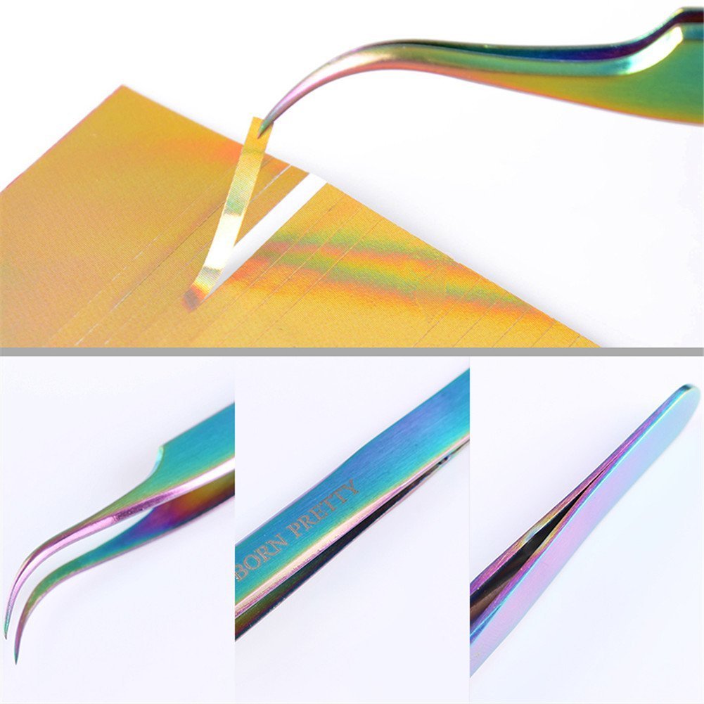Born Pretty Tweezers Straight Curved Rainbow Stainless Steel