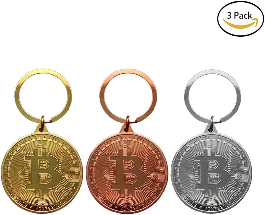 HAPPYX Bitcoin Coin Keychain Crypto Gift Set Collectors Tokens Fans Includes Golden Silver Copper 3 Pack