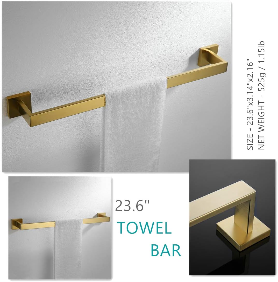 VELIMAX Premium Stainless Steel 4 Pieces Bathroom Hardware Accessories Set Wall Mounted Towel Bar Set, Brushed Gold, 23.6-Inch: Home & Kitchen