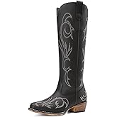 DREAM PAIRS Womens Cowboy Boots Comfortable Cowgirl Knee High Boots Pull On Side Zipper Chunky Heel Embroidered Western Boots,Size 6,Black,DWUMKB2502