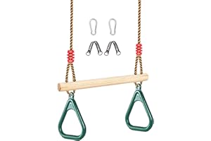 LadyRosian Wooden Trapeze Swing Bar, Adjustable Height Swing Set, Gym Rings, Playground Attachments, 16.5" Monkey Bar for Backyard, Playground, Playroom (Green)