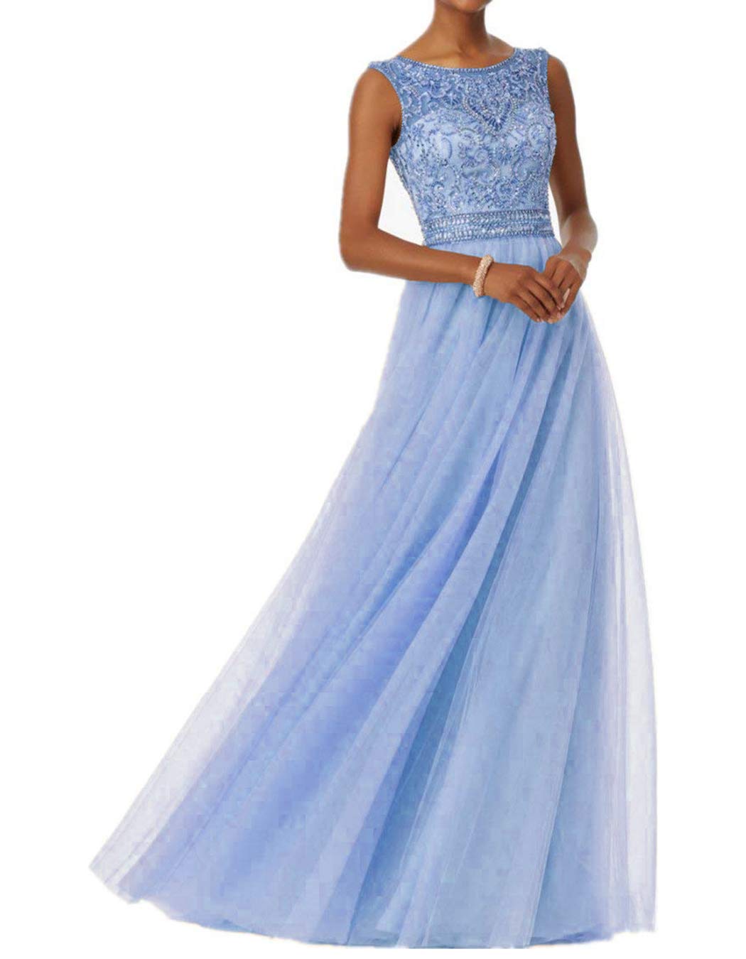UGLY Women's Crystals Beading Prom Party Dresses Tulle Backless Long