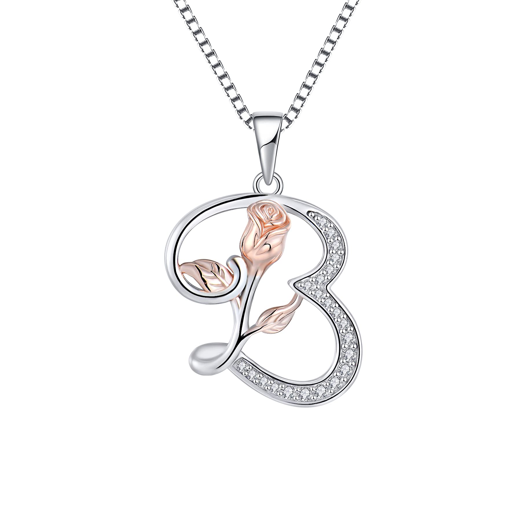 starchenie Alphabet with Rose necklace Letter B Necklace Zirconia Pendant 925 Sterling Silver Necklace for Women