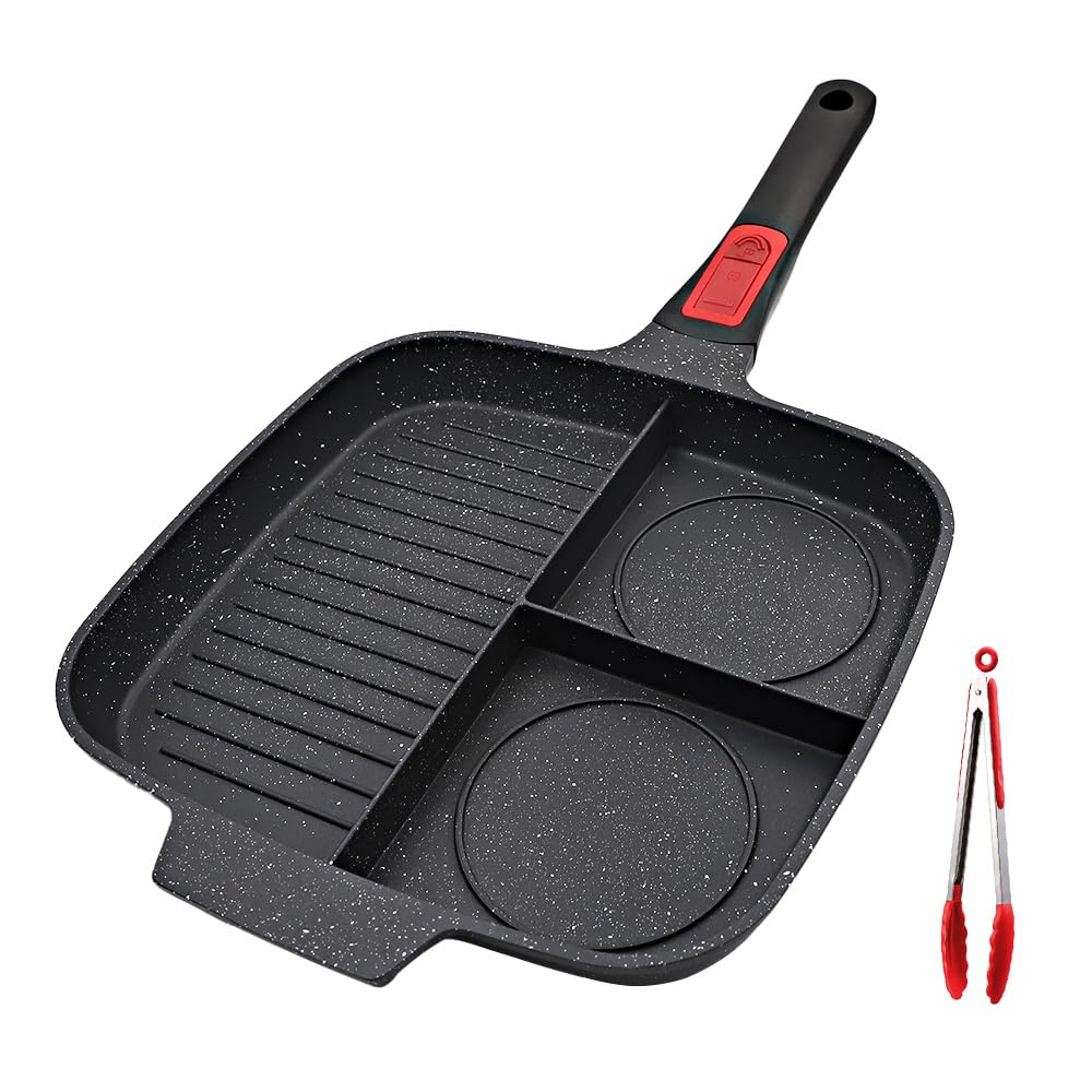 Bobikuke Griddle Pan with Detachable Handle, Non Stick Sectional Skillet Grill Pan Induction 3 Section Meal Skillet Divided Pan - Black