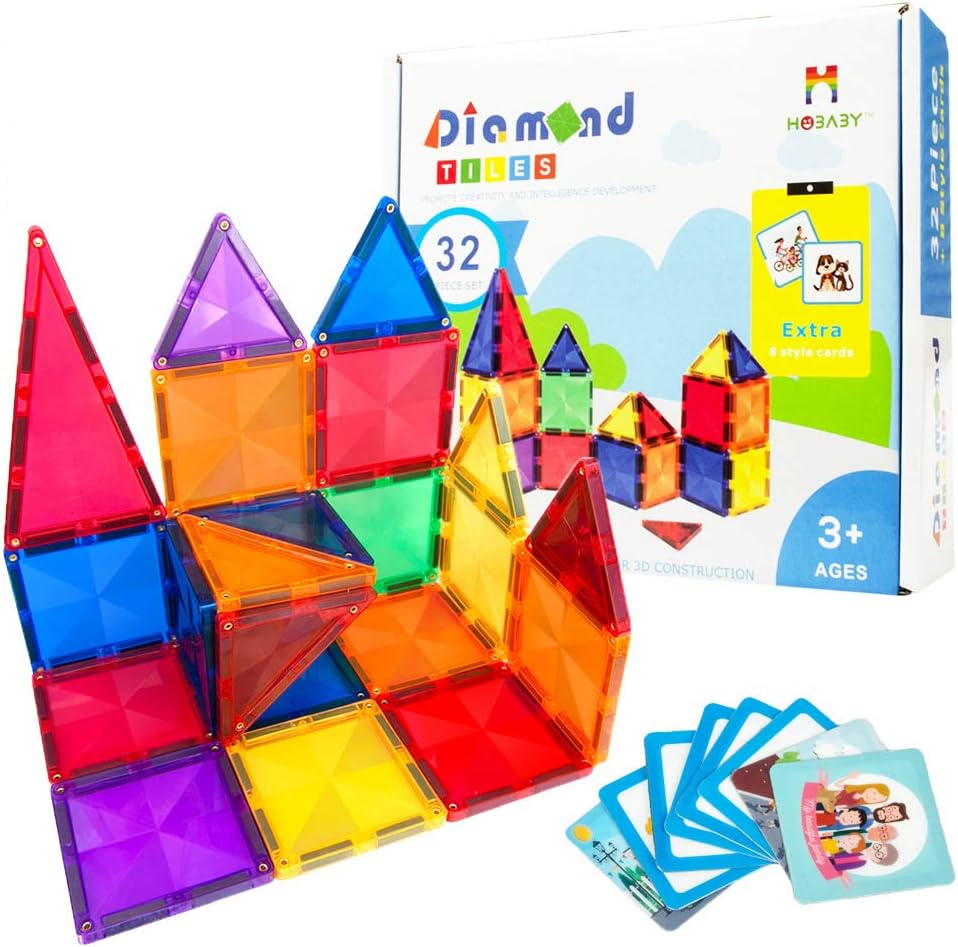 Hobaby Magnetic Blocks Building Set 3D Magnet Bulding Tiles Construction Playboards-Creativity Beyond Imagination,Inspirational,Recreational,Educational, for Toddlers Boys and Girls (32pcs): Toys & Games