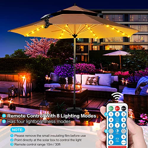 Solar Patio Umbrella Lights Parasol String Light with Clip Clamp Remote Control Solar Powered Waterproof for 7-10foot Umbrella Outdoor Lighting Beach Deck Garden Party Decoration (2 Pack)