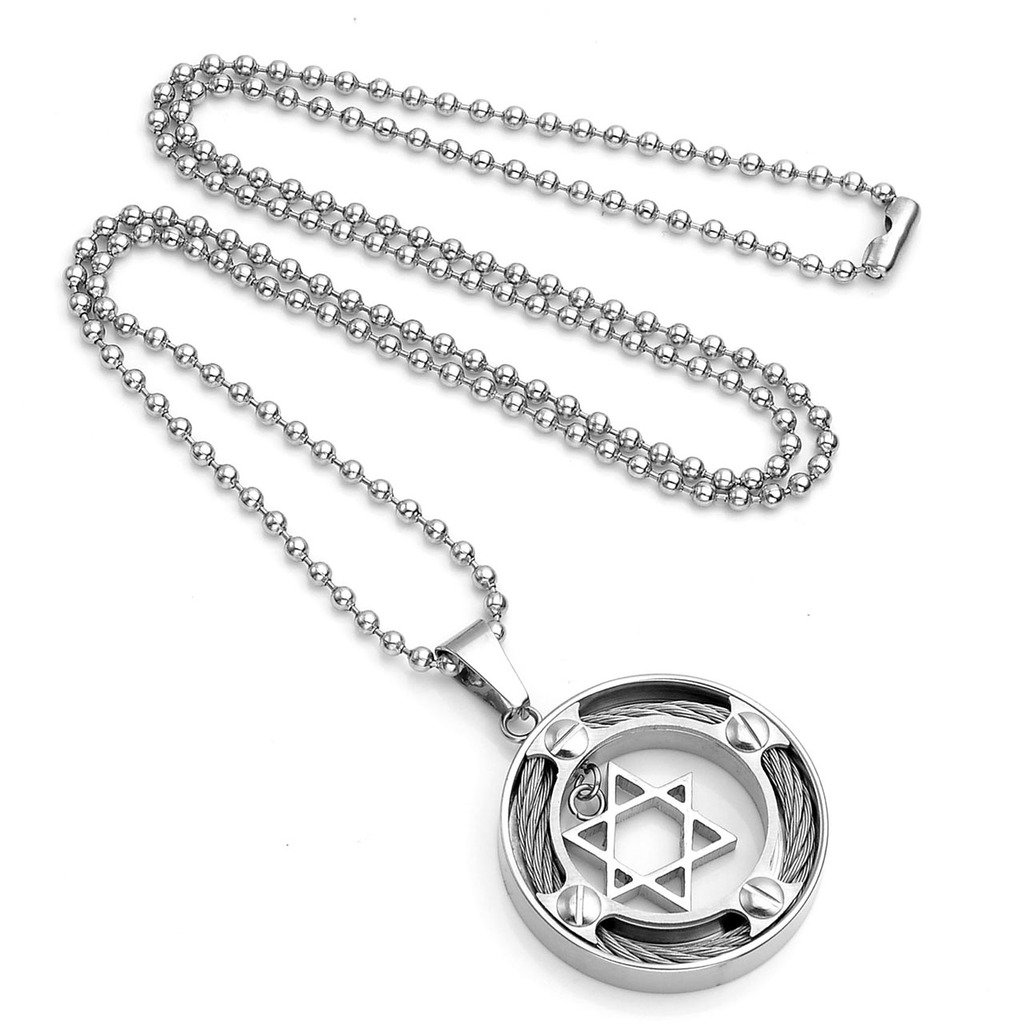 Zysta Collier de Pendentif Star of David/Étoile de David/Hexagramme Rond Juive Talisman Prière Couleur Argent en Acier Inox pour Homme Femme