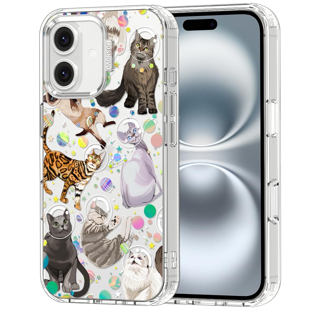 MOSNOVO Case for iPhone 16 Plus, [Buffertech 6.6ft Military-Grade Drop Protection] [Anti Peel Off Tech] Clear TPU Bumper Phone Case Cover Design - Space Cat