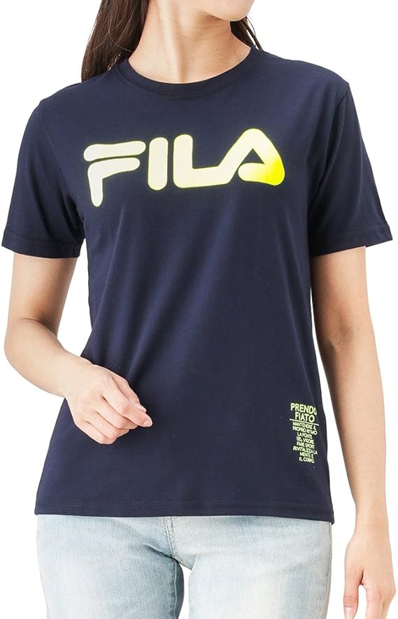 Amazon Co Jp Fila フィラ 蛍光ロゴプリントtシャツ Fl1563 レディース ネイビー M 服 ファッション小物
