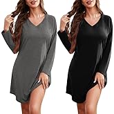 Marvmys 2 Pack Nightgowns for Women Long Sleeve Night Shirts Sleepwear V Neck Night Gown for Adult Women S-3XL