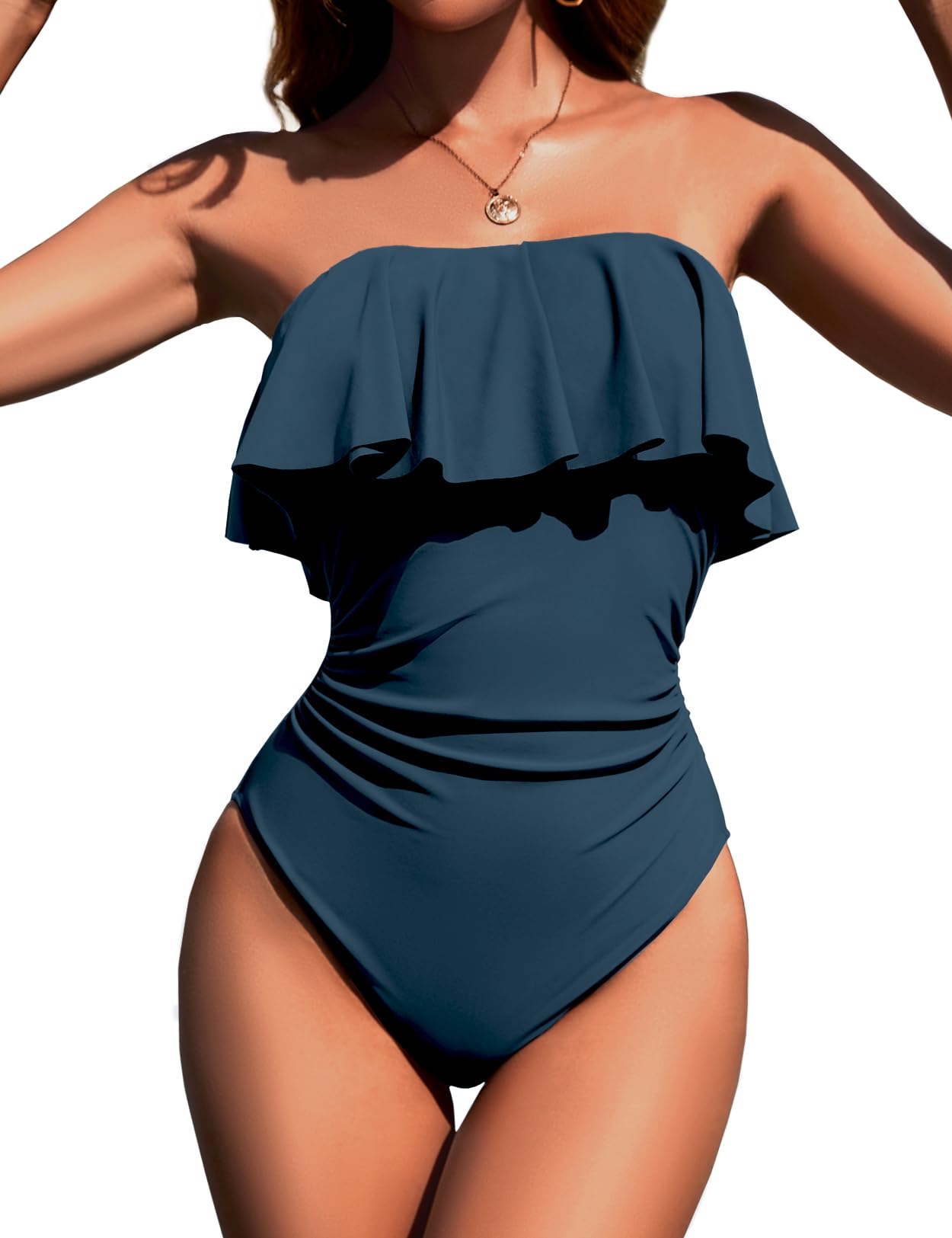 Photo 1 of Zilcremo Women Ruffle One Piece Swimsuit Tummy Control Bathing Suit Bandeau Slimming Modest Swimwear Insigniablue L