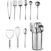 10 PCS Cooking Utensils Set, Stainless Steel Kitchen Tool Set with Turner, Spaghetti Server, Ladle, Serving Spoons, Whisk, Tongs, Potato Masher & Utensil Holder