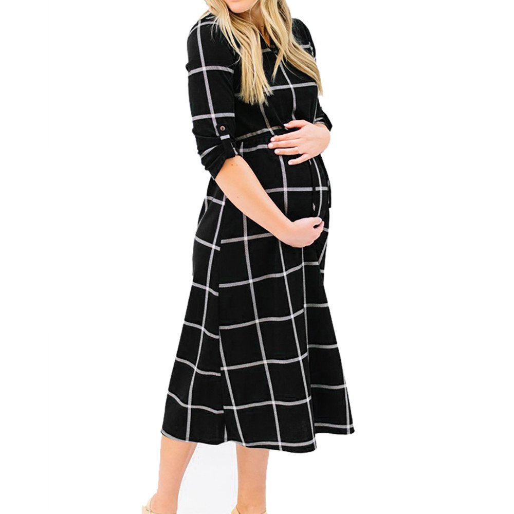 Ankola Pregnant Dresses Women Casual Plaid Roll Up Long Sleeve