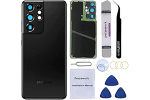Perzework Rear Back Glass Replacement for Samsung Galaxy S21 Ultra 5G with Pre-Installed Adhesive and Repair Tool Kits (Phantom Black)