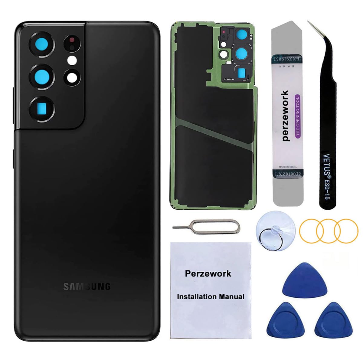 Photo 1 of Perzework Rear Back Glass Replacement for Samsung Galaxy S21 Ultra 5G with Pre-Installed Adhesive and Repair Tool Kits (Phantom Black)