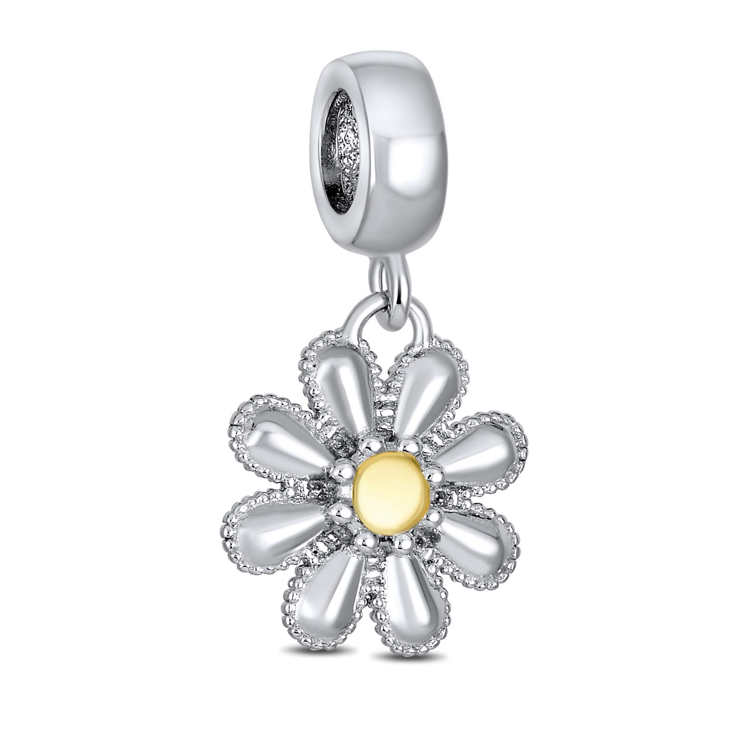 Bling Jewelry Floral Sunflower Daisy Flower Dangling Bead Charm For Women Mother Two Tone Gold Plated .925 Sterling Silver Fits European Bracelet