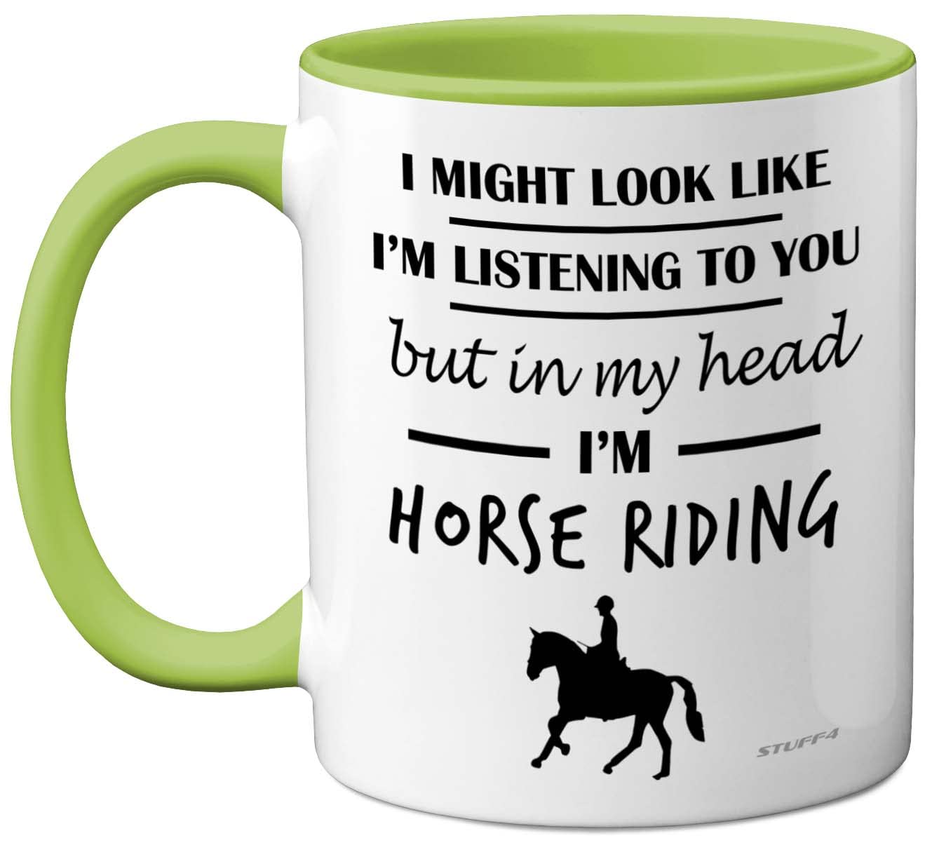 Stuff4 Horse Gifts for Women Men - in My Head I'm Riding - Gifts for Horse Lovers, Riders, Girls 11oz Ceramic Dishwasher Safe Green Handle Mug