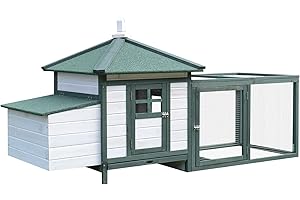 PawHut 77" Wooden Chicken Coop with Nesting Box, Cute Outdoor Hen House with Removable Tray, Ramp Run, for Garden Backyard, Green