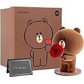 Line Friends Brown Bear Holding Preserved Flowers, Eternal Real Red Rose Romantic Gift with Elegant Gift Box for Girlfriend Wife Her in Valentine's Day, Birthday, Weddings, Anniversaries, Christmas
