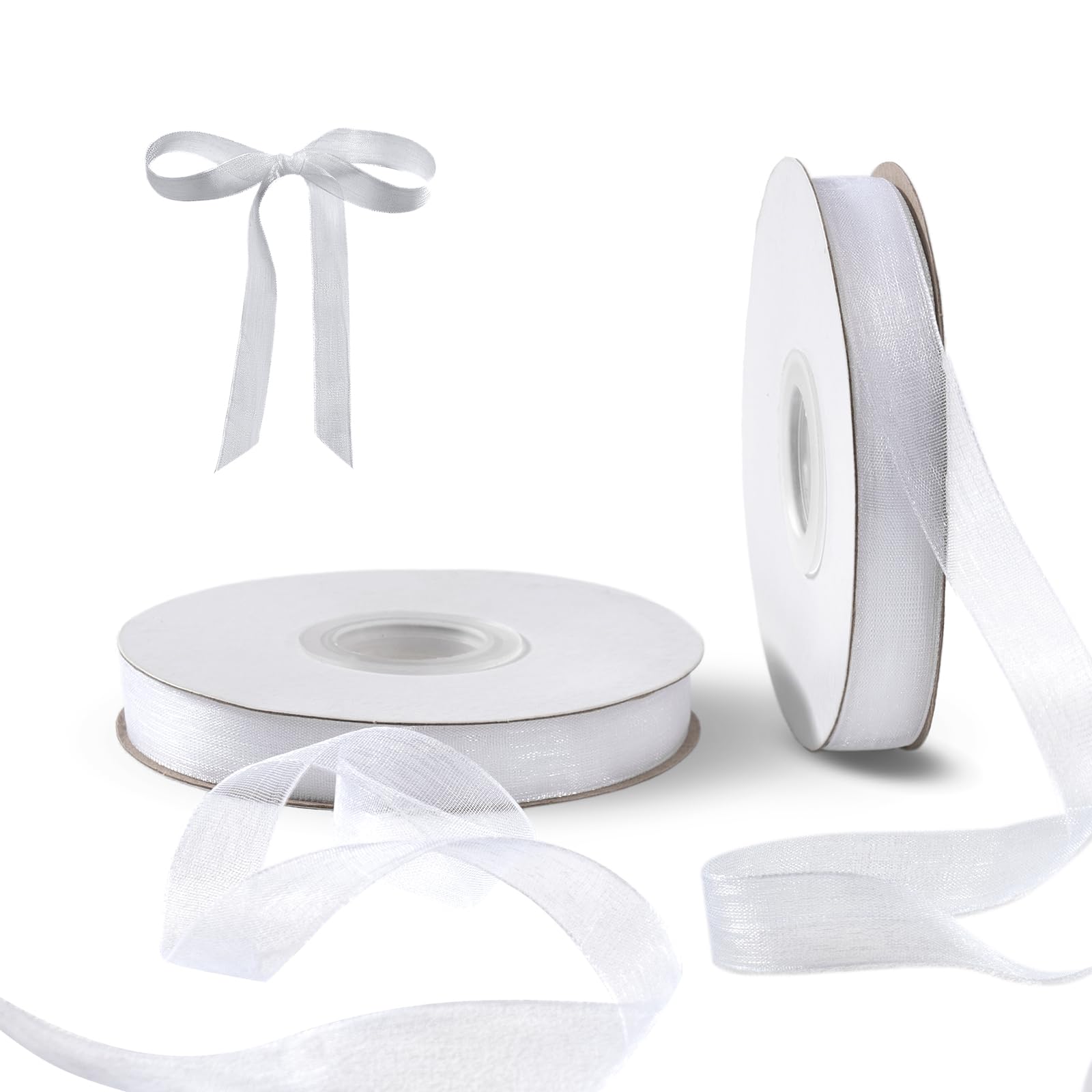 FAKILO White Organza Ribbon for Gift Wrapping, FAKILO 1/2 Inch Sheer Wrapping Ribbon for Bouquet, Wedding- 50 Yards Each Roll