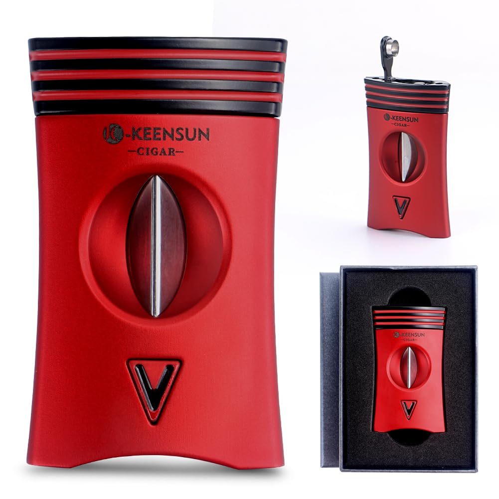 KEENSUN 3-in-1 Zinc Alloy V-Cut Cigar Cutter (Red) with Cigar Holder on The Back and Cigar Punch at The Bottom, 60 Ring Gauge, 420J2 Stainless Steel Cut Blade in Gift Box